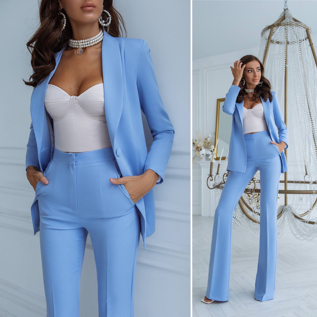 Жіночий костюм з брюками кльош Люкс молоко (різні кольори) XS S M L