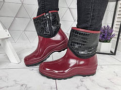 Жіночі бордові чоботи гумові непромокані втоплені флісом по всій довжині