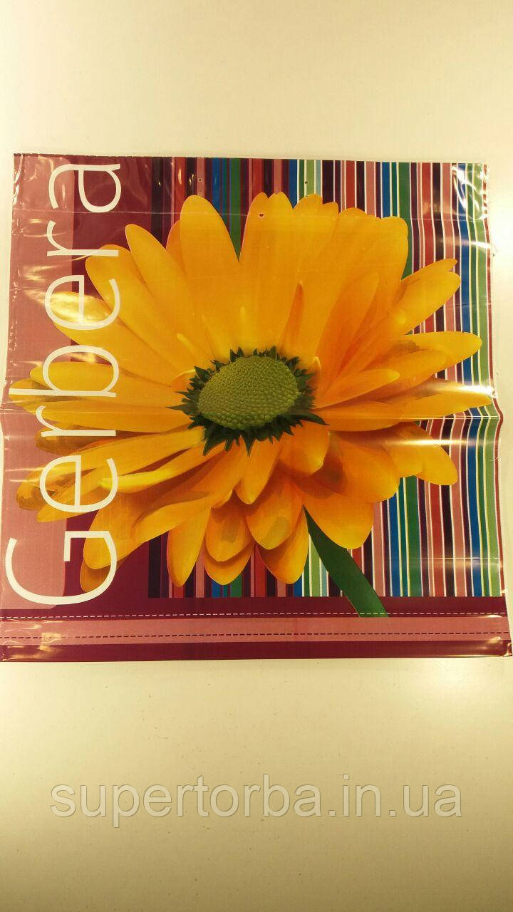 Пакет із пластиковою ручкою великий "Смужки з герберою" без ручки (50 шт.), фото 1