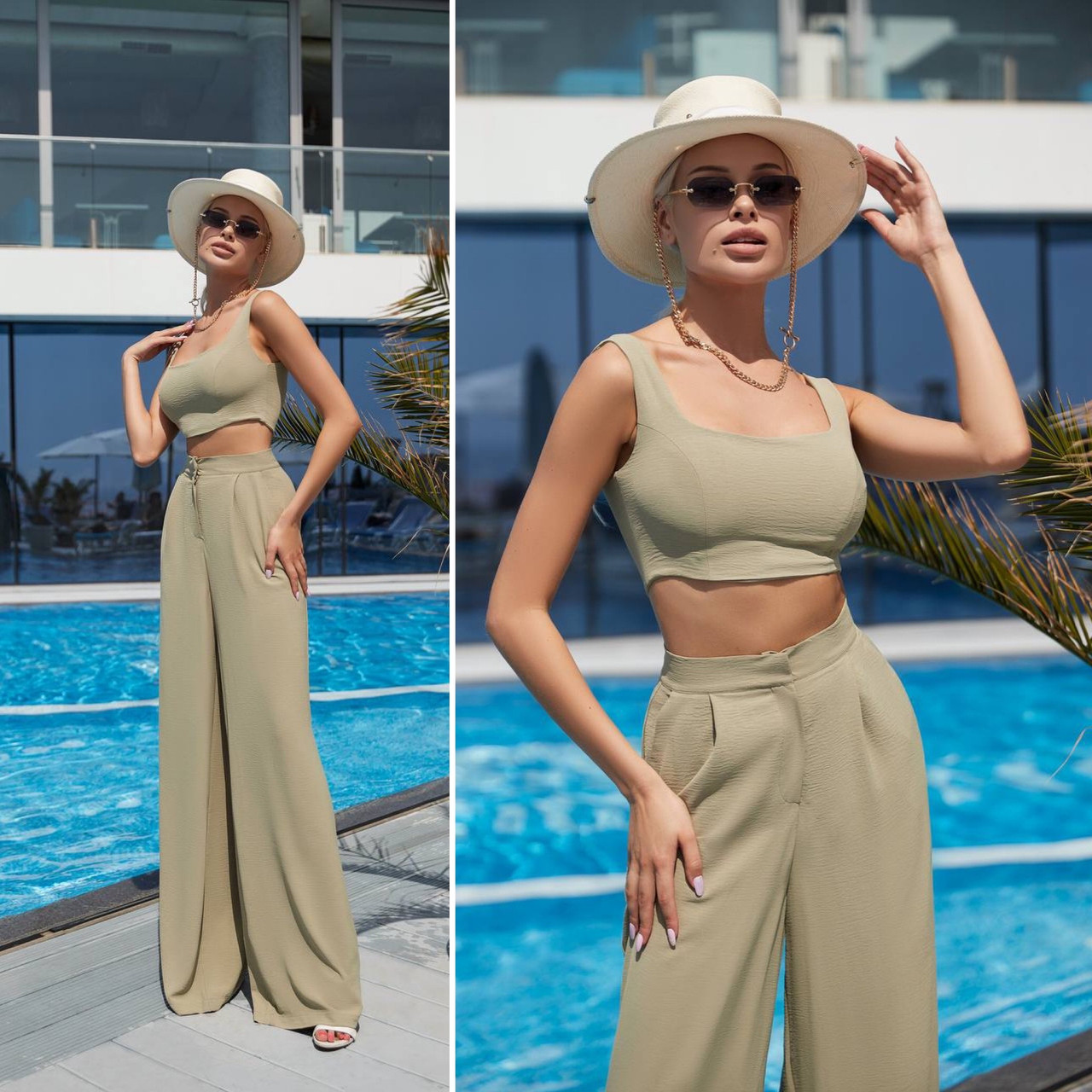 Легкий жіночий костюм топ і брюки Люкс оливка (різні кольори) XS S M L