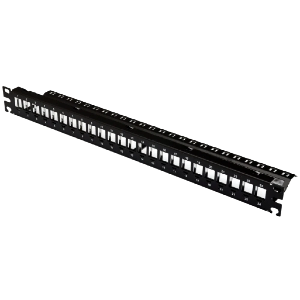 Патч-панель Патч-панель 19"  під 24 модуля Keystone, 1U із заднім організатором, заземл., чорна, фото 1