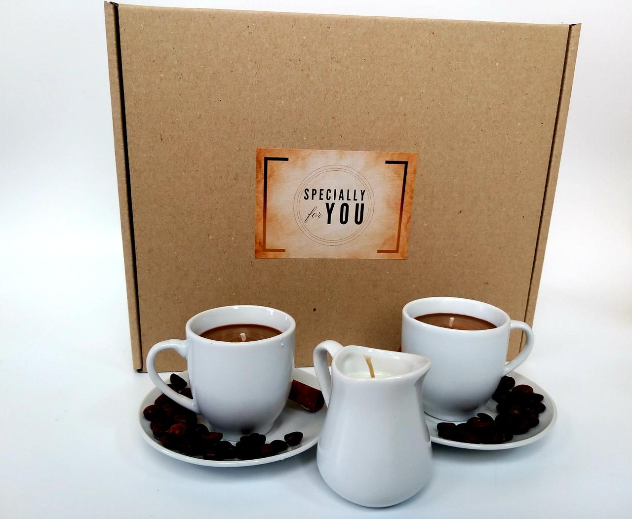 Бокс подарунковий "Кава з вершками у ліжко" - Романтичний подарунок з кавових свічок  і свічки-молочника у подарунковій упаковці