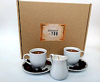 Подарунок закоханим "Кава з вершками у ліжко" - Романтичний подарунок з кавових свічок  і свічки-молочника у подарунковій упаковці