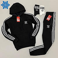 Зимний мужской спортивный костюм Adidas на флисе теплый кофта + штаны черный Турция. Живое фото