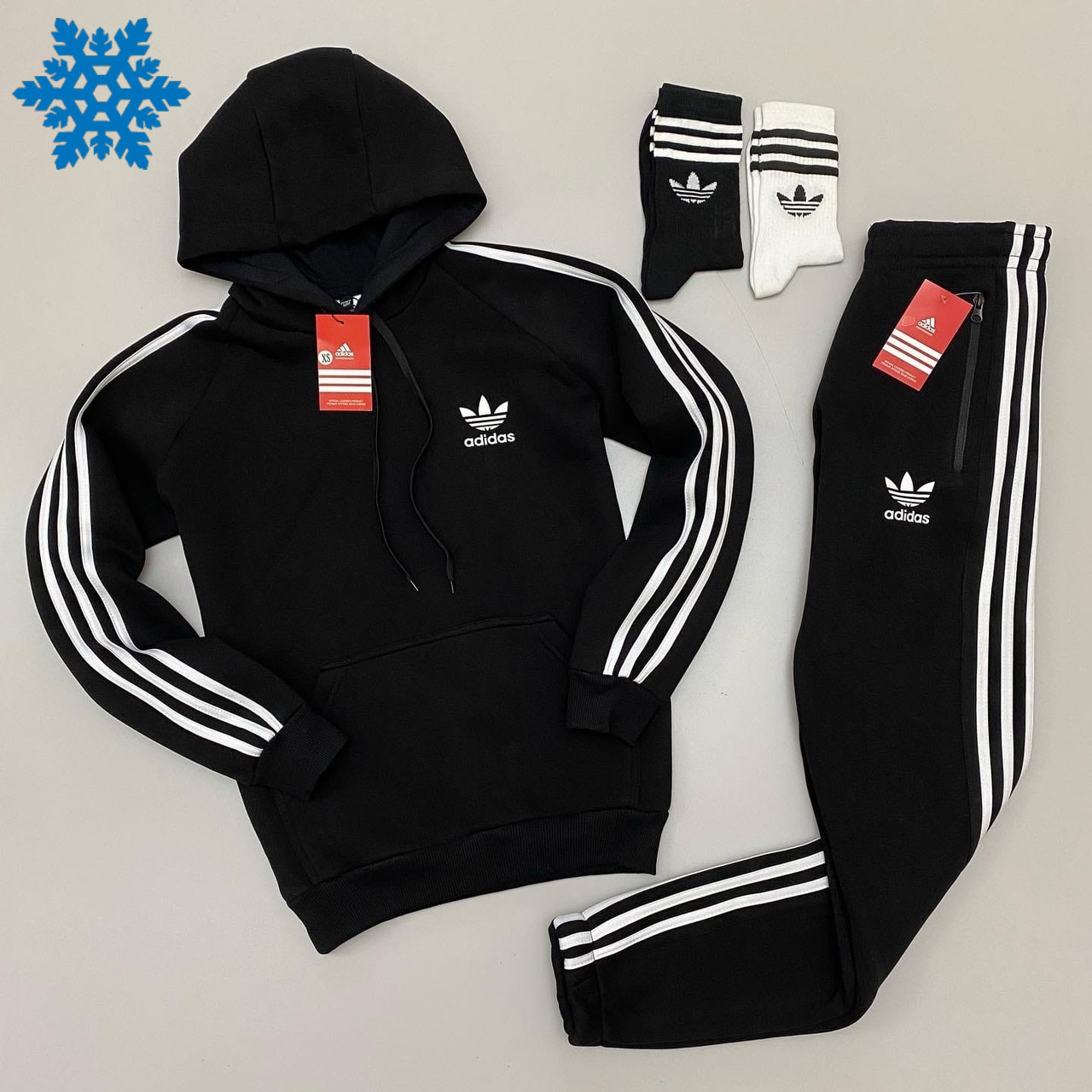 Зимовий чоловічий спортивний костюм Adidas на флісі теплий кофта + штани чорний Туреччина. Живе фото, фото 1