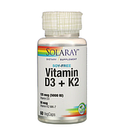 Витамин Д3 и К2, Vitamin D-3 & K-2, Solaray, 60 кап. (SOR-38584)