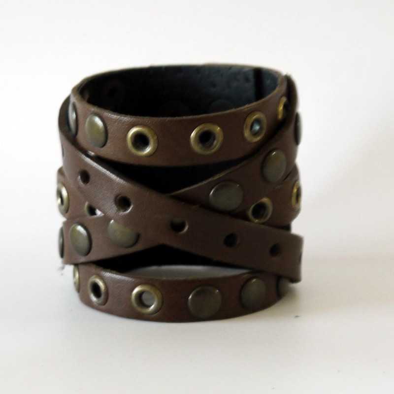 Широкий браслет-манжета із натуральної шкіри ручної роботи застібається на кнопки "Байкер", фото 1