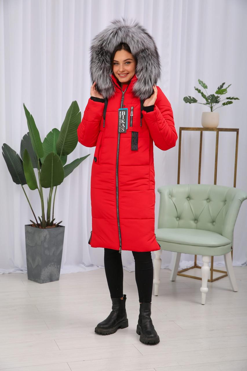 Шикарна червона зимова жіноча парка з хутром чорнобурки Finland., фото 1