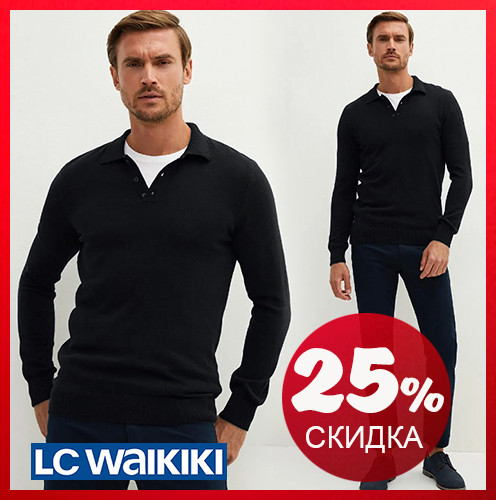 Чорний чоловічий светр LC Waikiki/ЛС Вайкікі з відкладним коміром, на ґудзиках