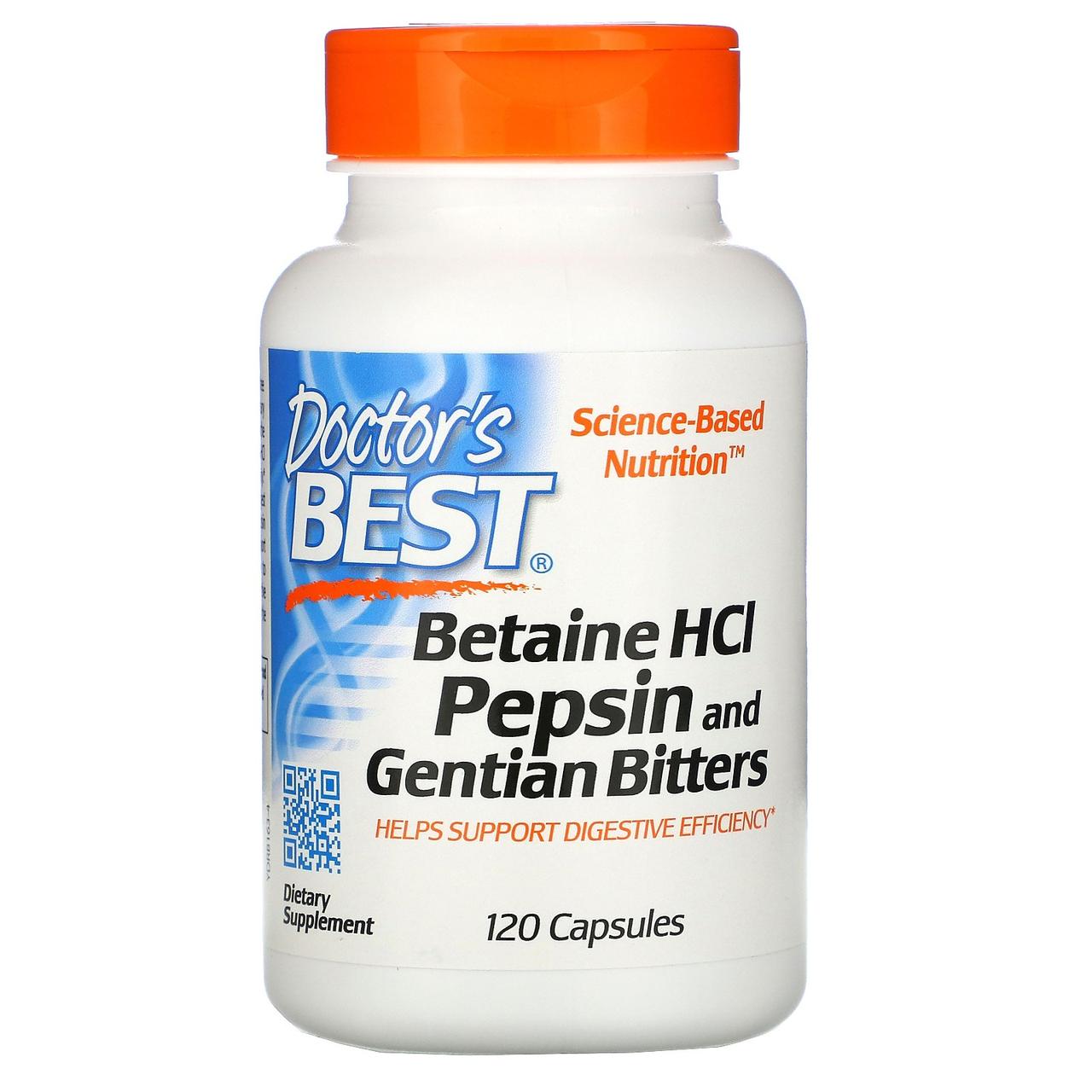 Бетаїна гідрохлорид із пепсином, Doctor's Best Betaine HCL Pepsin & Gentian Bitters 120 капсул BX268