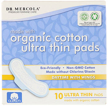 Dr. Mercola, Premium Feminine Care, Natural Cotton Ultra Thin Pads, Daytime with Wings, 10 Ultra Thin Pads BX9