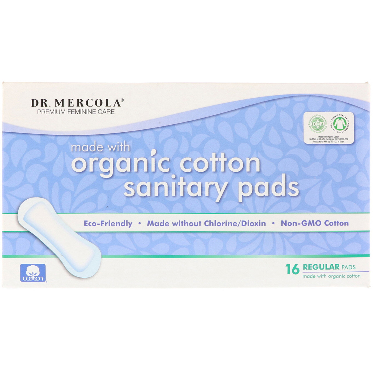 Dr. Mercola, Premium Feminine Care, Natural Cotton Sanitary Pads, 16 Sanitary Pads BX915