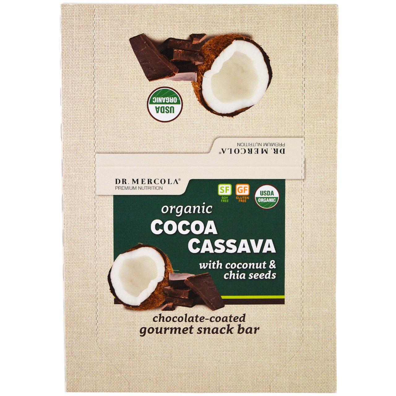 Dr. Mercola, Premium Nutrition, Organic Cocoa Cassava with Coconut and Chia Seeds, Chocolate Coated Bar , 12 B