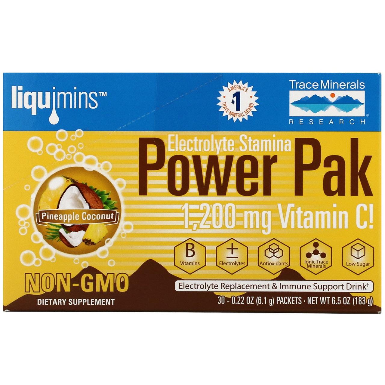 Trace Minerals Research, Electrolyte Stamina, Power Pak, Pineapple Coconut, 1200 mg, 30 Packets, 0.22 oz (6.1