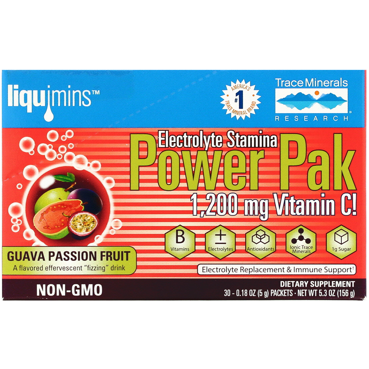 Trace Minerals Research, Electrolyte Stamina, Power Pak, Guava Passion Fruit Flavor, 1200 mg, 30 Packets, 0.18