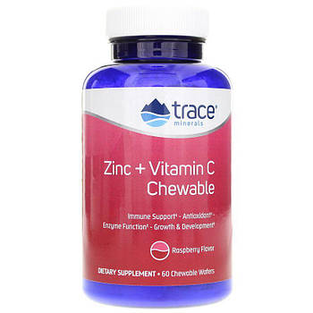 Цинк + вітамін С, Zinc + Vitamin C, Trace Minerals Research, смак малини, 60 жувальних вафель BX940