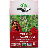 Organic India, Чай із базиліком Holy Basil, без кофеїну, кориця троянда, 18 пакетиків для заварювання, 1,14 унції