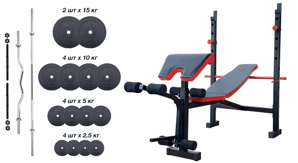 Лавка для жиму ReadMeBlack + 4 грифи + 100 кг дисків Гантелі, гирі, штанги та диски АВС пластик комплект