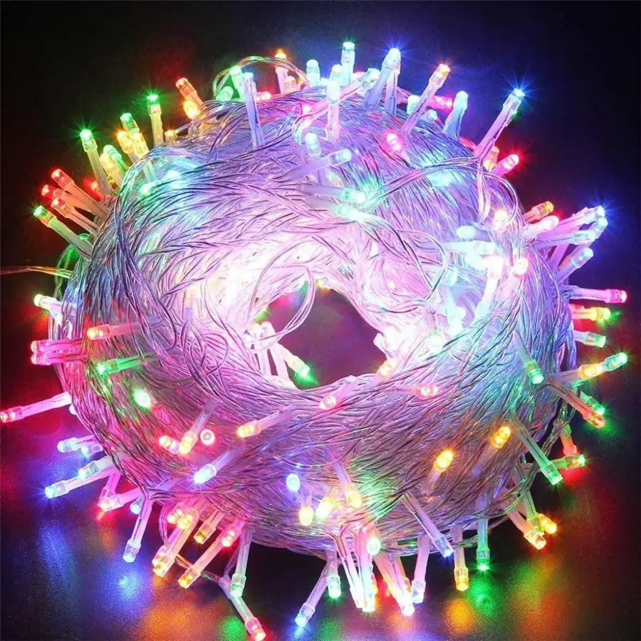 Світлодіодна лінійна гірлянда нитка 200 LED 11 м прозорий шнур круглі лампочки від мережі різнокольоровий