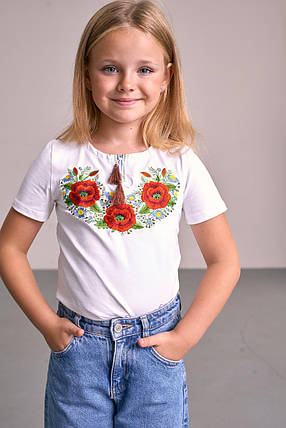 Трикотажна футболка з вишивкою для дівчинки "Маки-волошки", фото 2