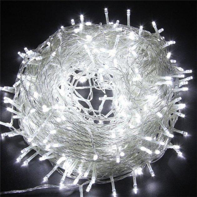 Світлодіодна лінійна гірлянда нитка 200 LED 13 м прозорий шнур круглі лампочки від мережі холодний білий