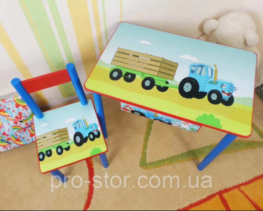 Детский столик и стульчик от производителя Украина Дерево и МДФ 2-7 лет Синий Трактор стол и стул - фото 2 - id-p1682774135