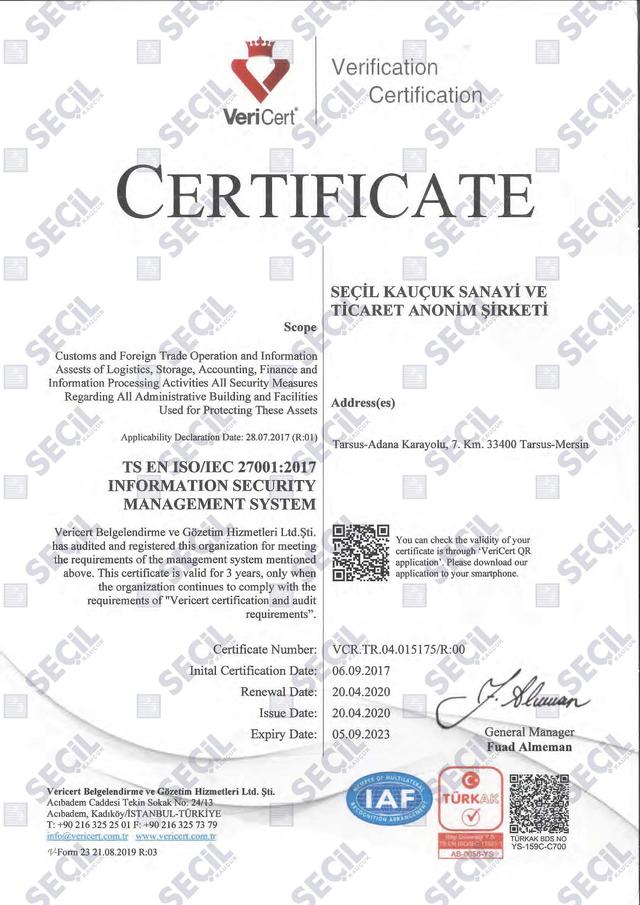 Сертификат на уплотнитель Secil
