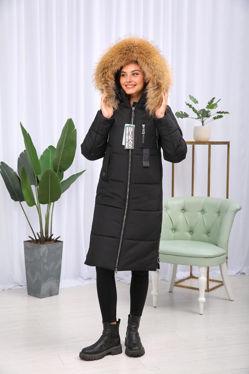 Жіночий чорний пуховик з хутром єнота Finland., фото 1