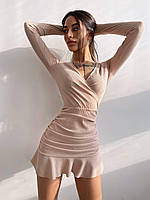 Трикотажное платье в рубчик мини БЕЖ S М (42 44) повседневное приталенное с рукавами платье 44