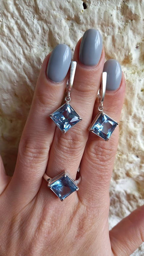 Срібний комплект з каменем форми ромб, фото 1