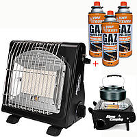 Портативна газова плита (обігрівач) Alpen Camping + 3 газові балони + перехідник на великий балон