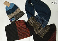 Теплый зимний набор шапка+шарф с шерстью Турция трехцветный коричневый