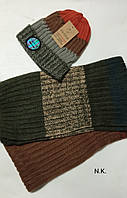 Теплый зимний набор шапка+шарф с шерстью Турция трехцветный коричневый Хаки