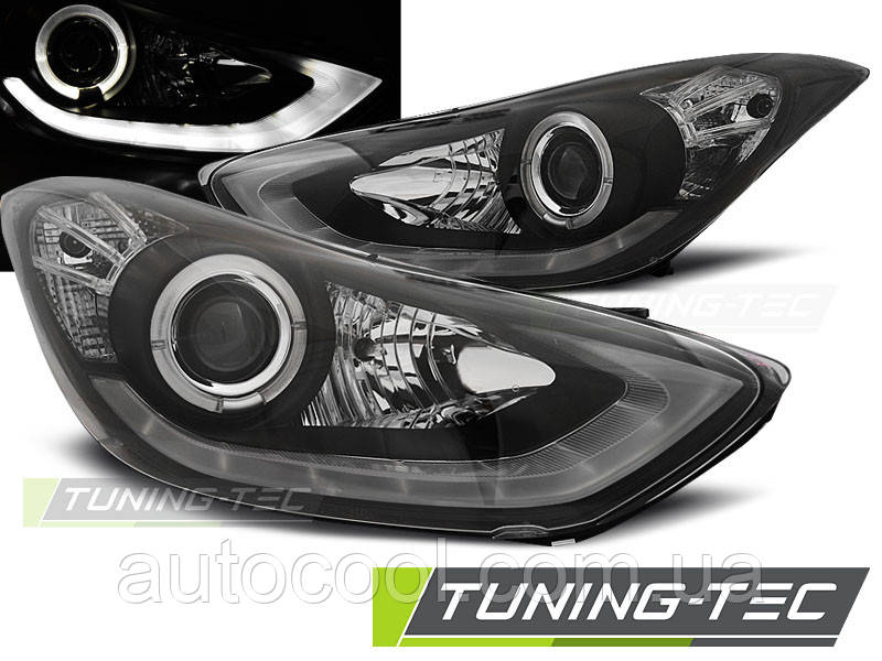 Передні тюнінг фари HYUNDAI ELANTRA 2010+ денні вогні, лінза, ангел очі. чорні