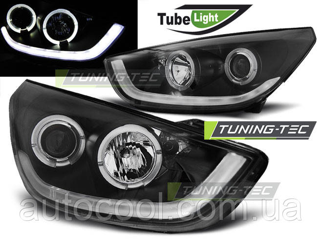 Передні тюнінг фари Hyundai IX35 2010-2013 г. денні вогні, ангельські очі, лінза. чорні, фото 1