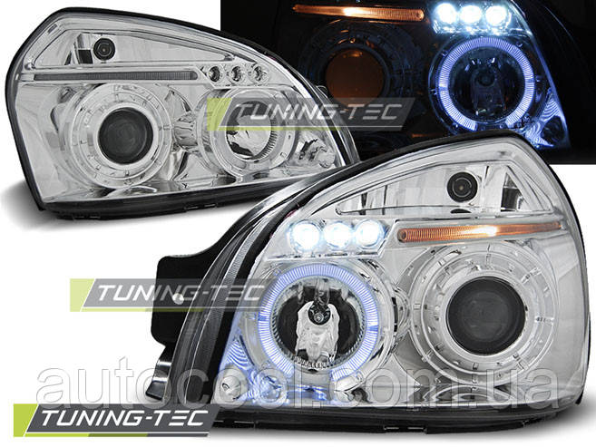 Передні тюнінг фари Hyundai Tucson 2004-2010 г. денні вогні, лінза, ангельські очі. хром