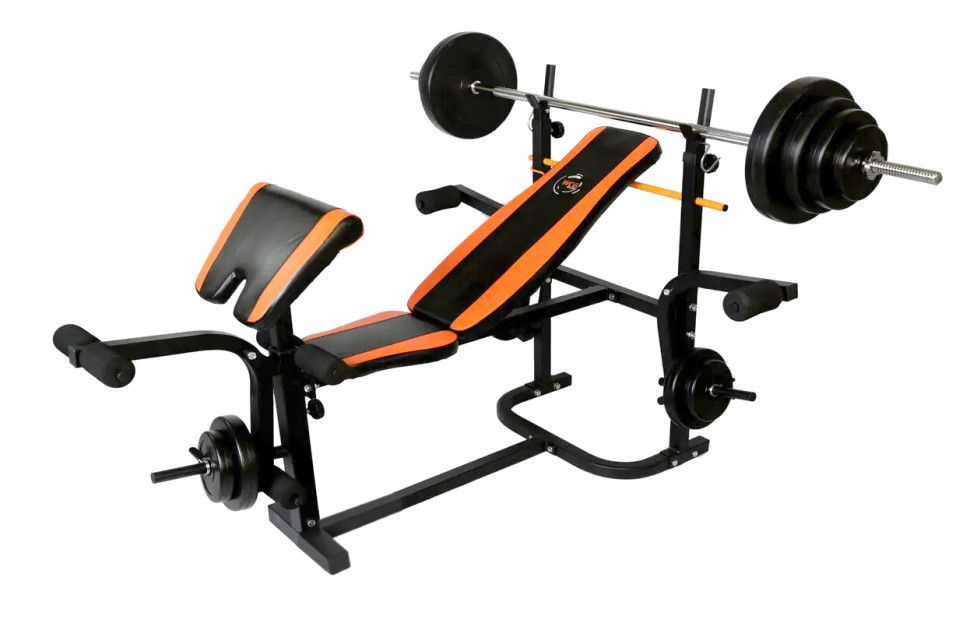 Лавка для жиму + Штанга із прямим грифом 50 кг Гантелі, гирі, штанги та диски АВС пластик комплект