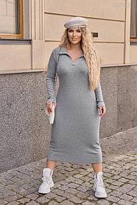 Силуетне плаття поло Беррі великих розмірів із коміром трикотаж рубчик довжина міді сірий