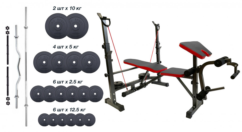 Універсальна лавка + 4 грифа + 62 кг дисків Гантелі, гирі, штанги та диски АВС пластик комплект