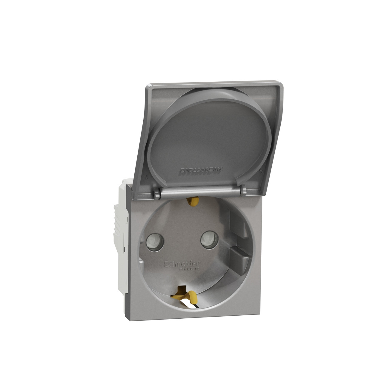 Unica New Розетка із заземленням зі шторками та кришкою алюміній 2 модулі