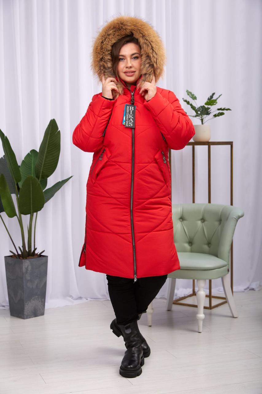 Червоний жіночий пуховик із натуральним єнотом Finland., фото 1