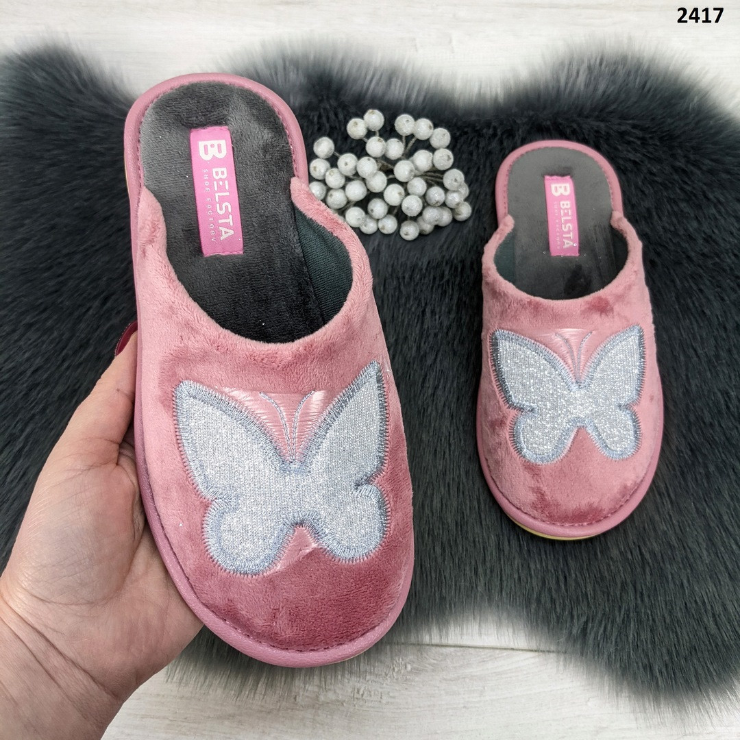 Капці жіночі Белста з закритим носком, велюрові рожеві з метеликом