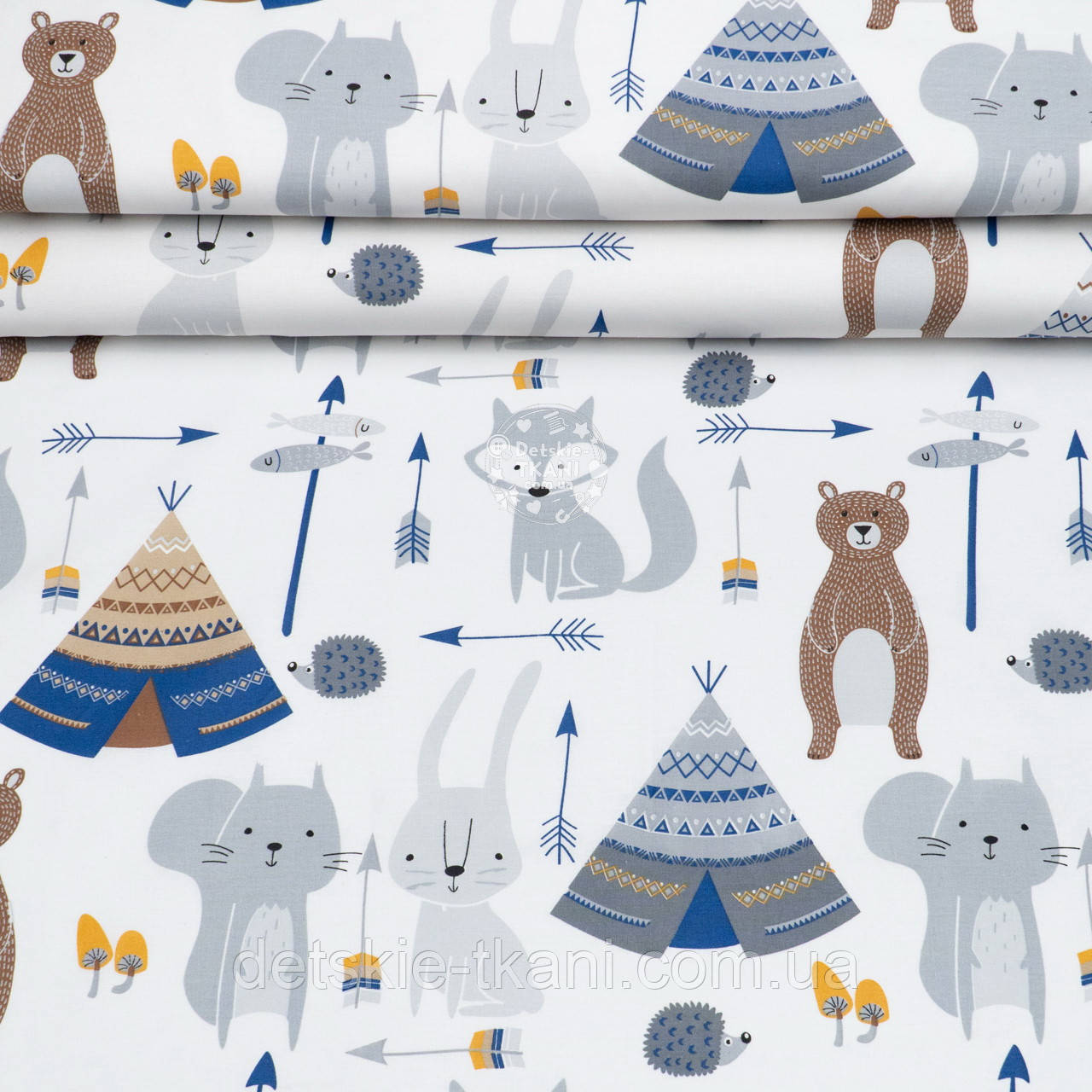 Ранфорс шириною 240 см "Великі звірі та вігвами" на білому, №4290, фото 1