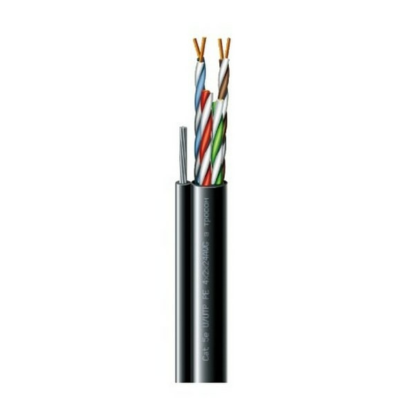 Вита пара ЗЗЦМ Cat. 5e U/UTP РЕ steel cord 4x2x24 AWG 305 м мідь вуличний із тросом