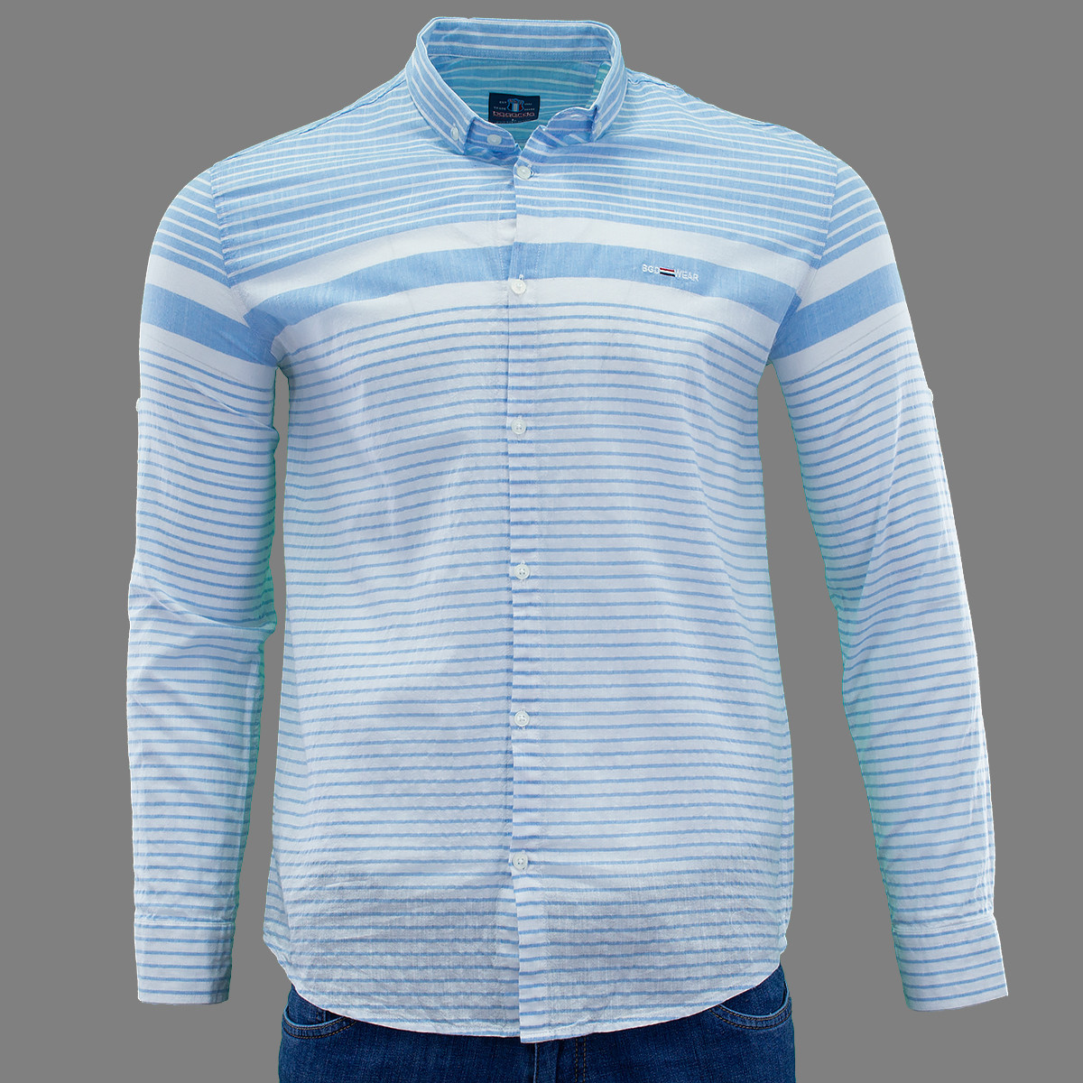 Сорочка чоловіча, приталена (Slim Fit), з довгим рукавом, Bagarda BG5824 WHITE-BLUE 70% бавовна 30% льон L(Р)