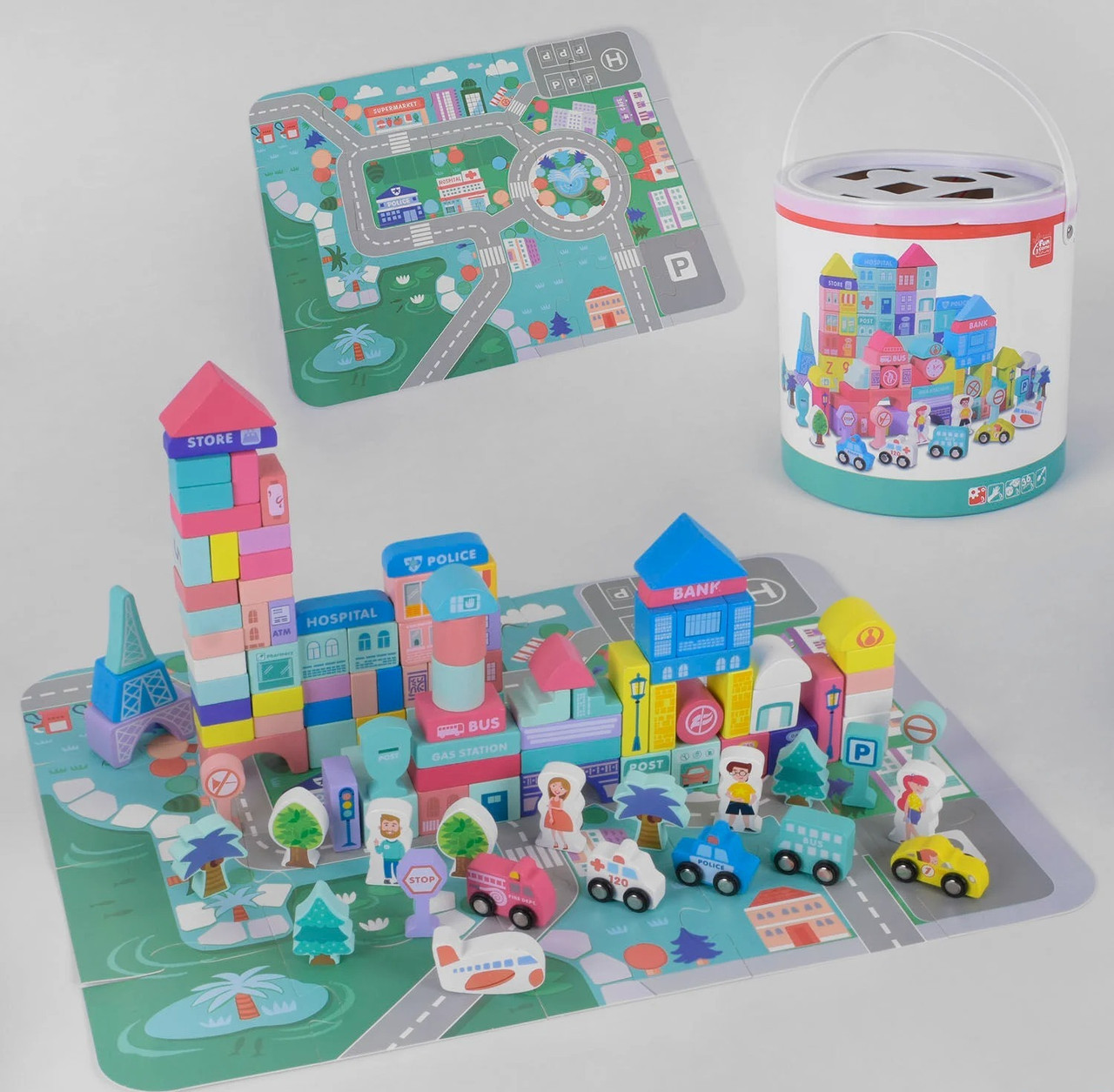 Дерев'яна гра конструктор пазли тм Fun Game, 100 деталей, у відрі 23х23х23 см 22841