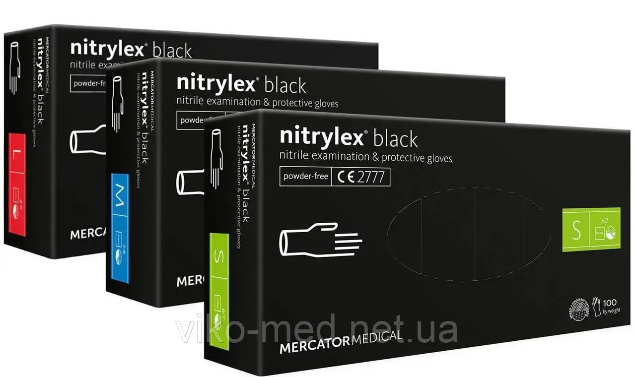 Рукавички оглядові NITRYLEX BLACK нітрилові неопудрені чорні р. S щ. 4. 1, фото 1