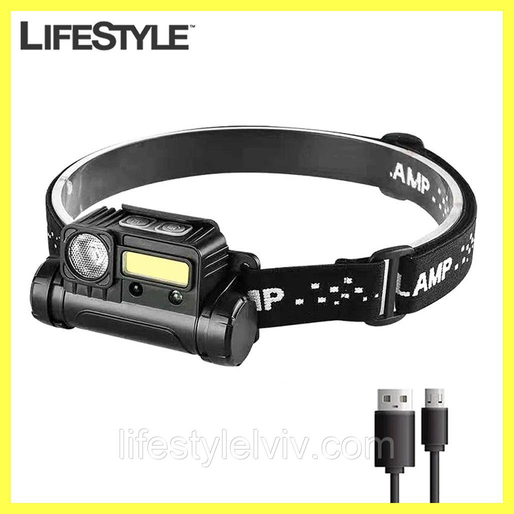 Налобний ліхтарик з датчиком руху BL 123 COB / Ліхтар налобний Білий + червоний світло, фото 1