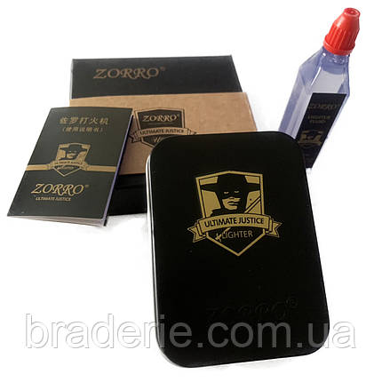 Запальничка бензинова Zorro Ultimate Justice чорна матова у жерстяній коробці, фото 2