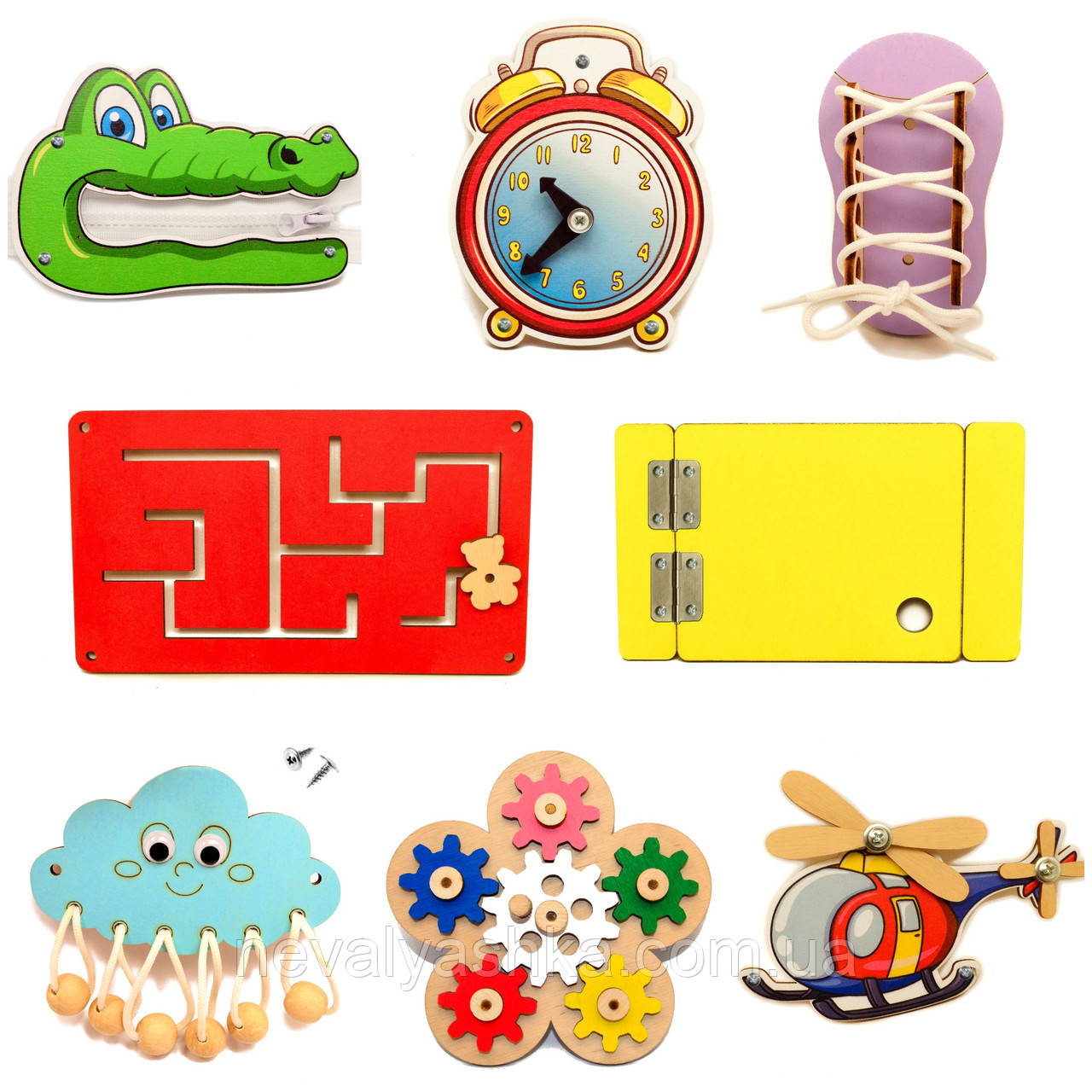 Кольоровий Набір Заготовок для Бізіборду «Яскраві Пригоди» 8в1 Повний Комплект (+Клей +Шурупи) для Бізікуба, фото 1